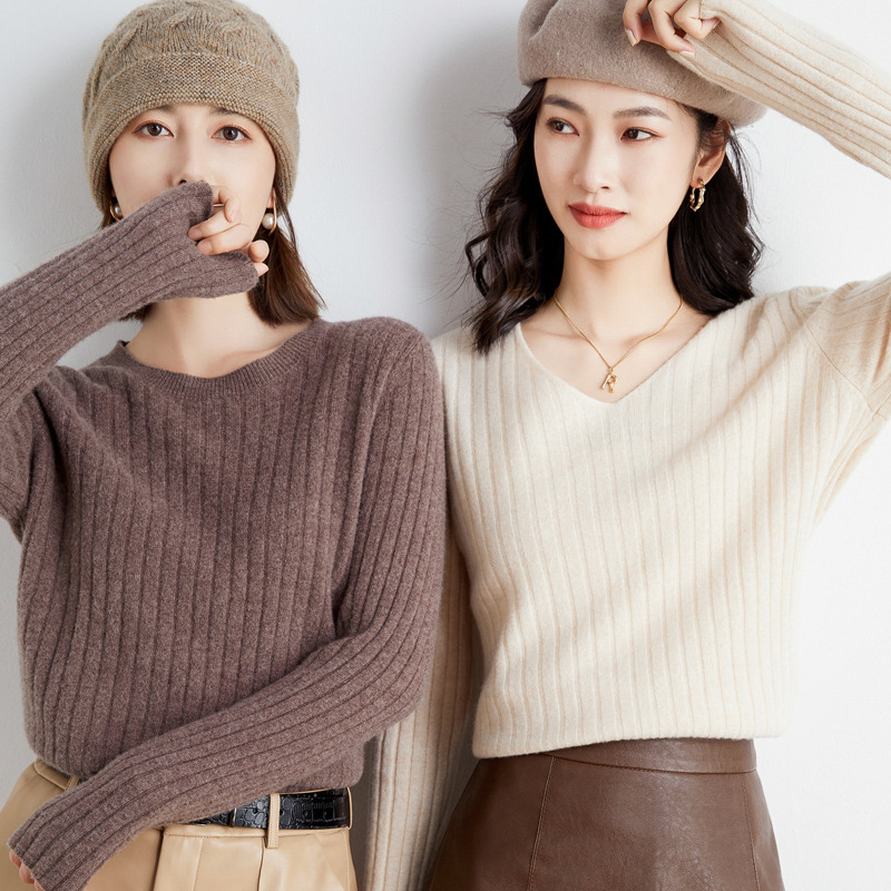 【反季清仓】2025秋冬新款套头坑条衫 打底衫纯色圆V领毛衣女