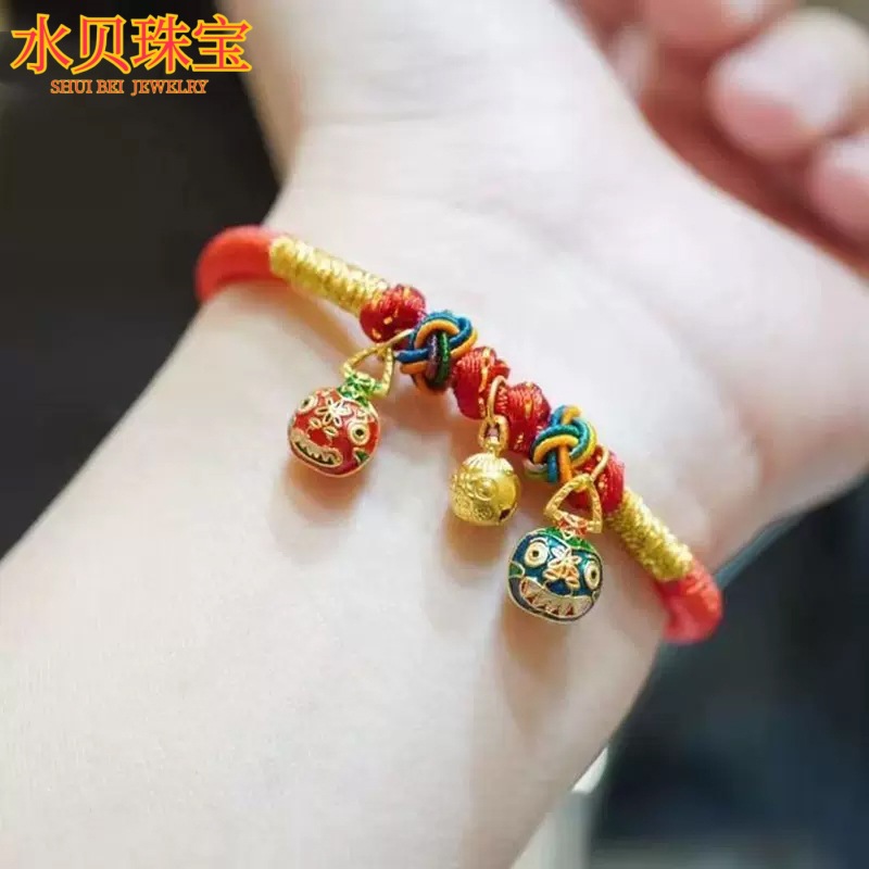 水贝黄金珠宝999足金吞金兽一家三口手链女款转运珠编织红绳手镯