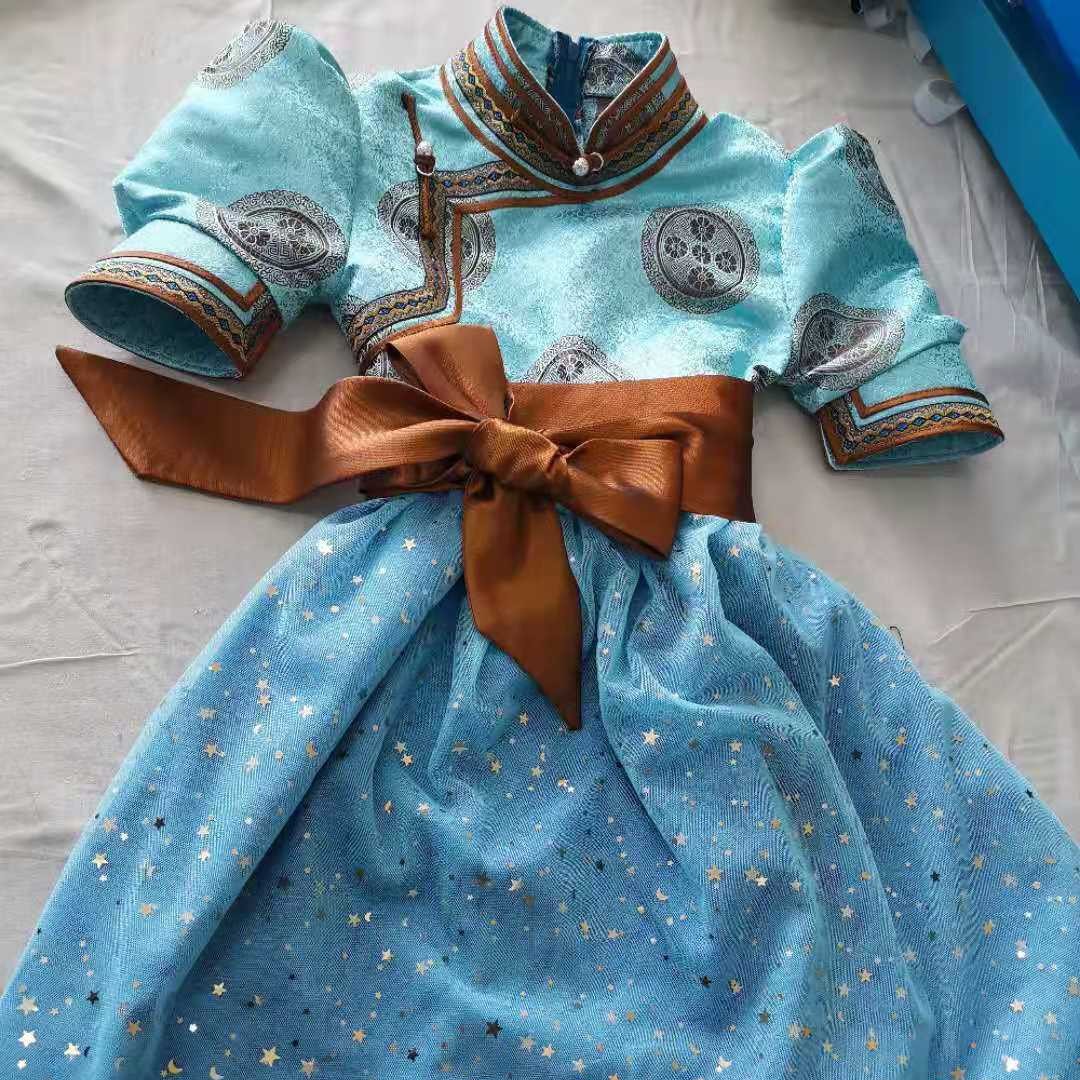 批发蒙古服装蒙古袍生活装泡泡袖公主裙连衣裙中长裙女孩演出拉链