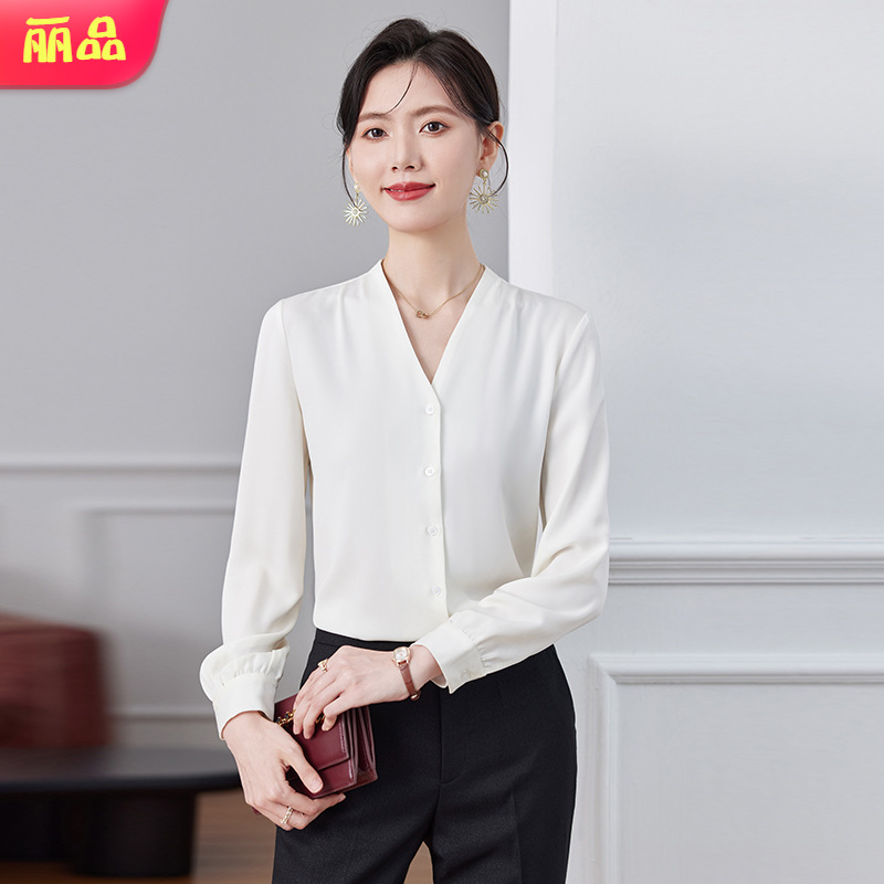 2024秋季新款通勤内搭宽松雪纺衫v领女士衬衣时尚长袖衬衫女秋装