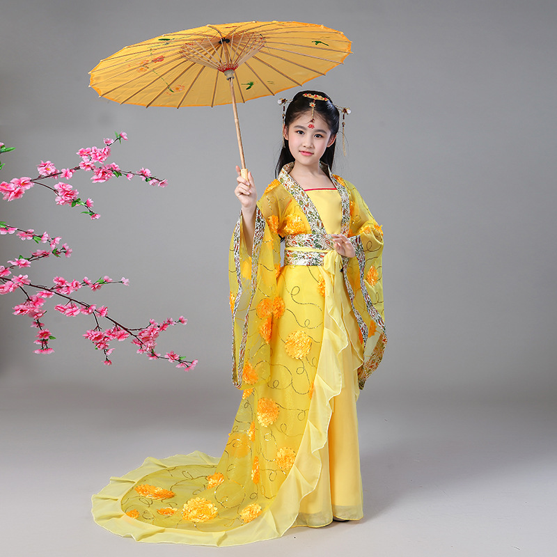 儿童贵妃古装拖尾皇后女童唐朝仙女公主汉服风舞台走秀演出服