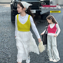 韩系童装套装2024春夏新款时髦针织马甲女孩洋气蛋糕裙背心长袖T