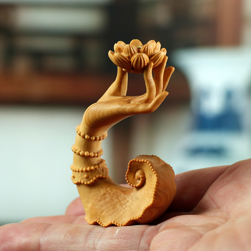 黄杨木雕手把件木质佛手莲花香插摆件茶道香道禅艺家居饰品工艺品