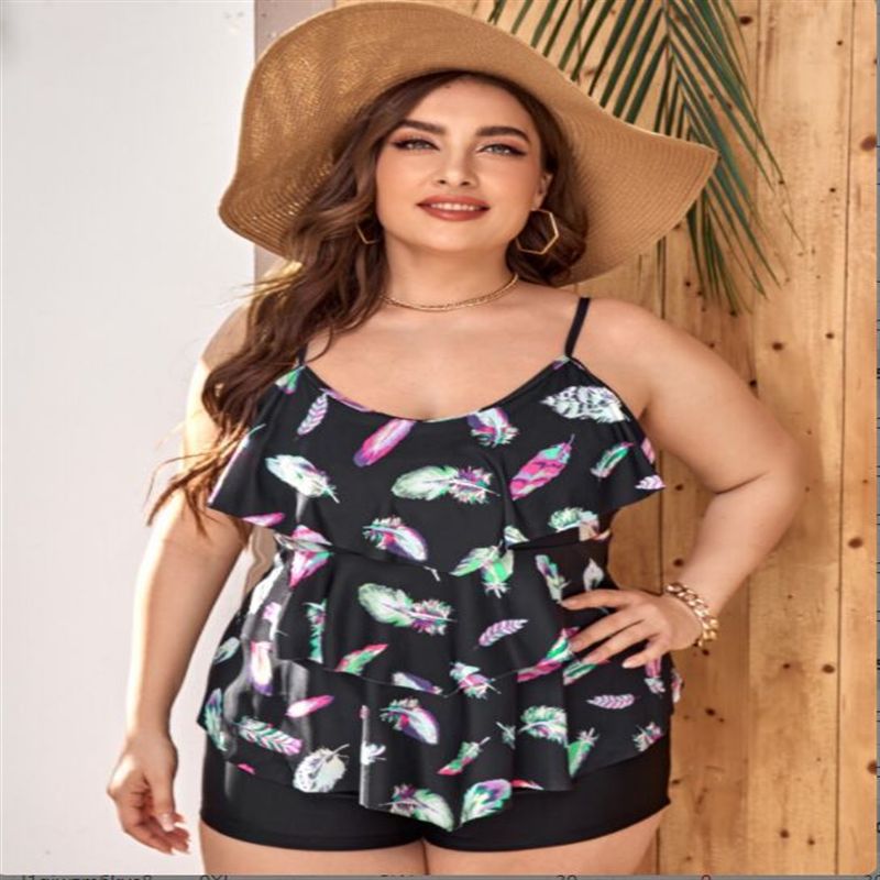 新款欧美大码连体泳衣印花遮肚品质加肥加大泳装女欧美亚马逊ebay