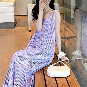 针织无袖长裙搭配吊带裙两件套女休闲度假风宽松设计感套装2024