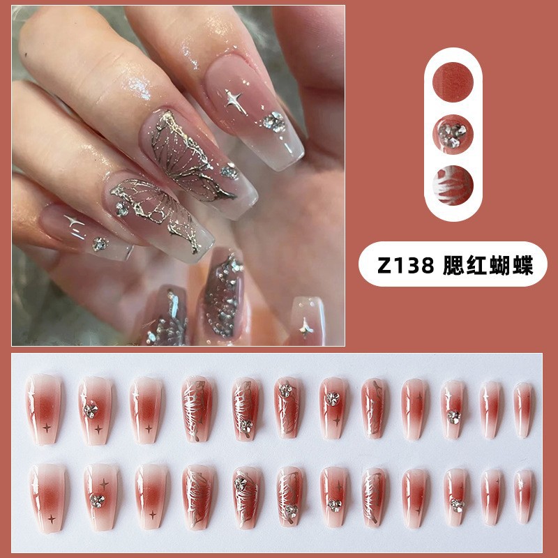 2024 New Style Wear Nail Mid-Length Flash Fairy Nail Patch Hot Girl Ins Style French Gradient Fake Nails