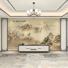 新中式客厅电视背景墙纸沙发客厅壁纸富春山居图壁画茶室墙布设计