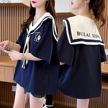 【棉】海军领短袖T恤女夏装2024新款韩版宽松显瘦学生体恤上衣潮