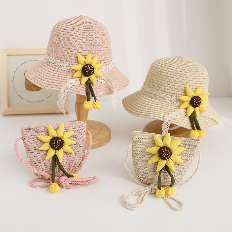 summer children‘s cute lace flower sun hat girls beach hat bag set sun-proof sun bucket hat
