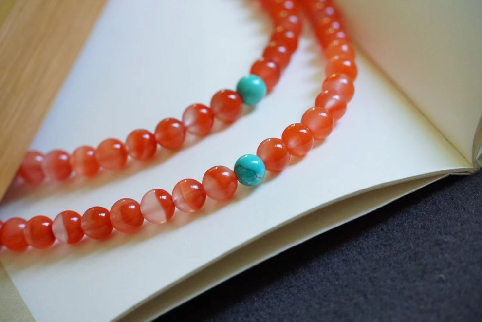 天然川料冰飘南红6.8mm108颗四圈手链项链两戴款荧光满溢搭