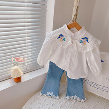 女童春款衬衫23新款洋气宝宝娃娃领美人鱼刺绣上衣儿童衬衣打底衫