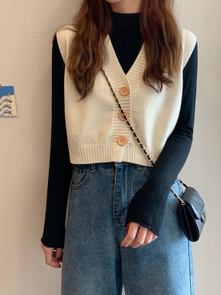 短款外搭马甲上衣配高腰阔腿裤秋冬小个子打底针织衫毛衣背心女装