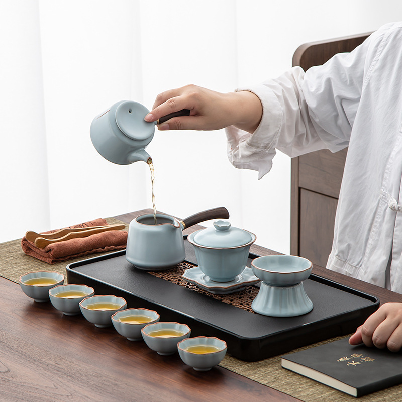 Ru Kiln Kung Fu Tea Set Set Set Supportable Porcelain Gracked Glaze Teapot Cover Teacup Gift Box Customizable Logo