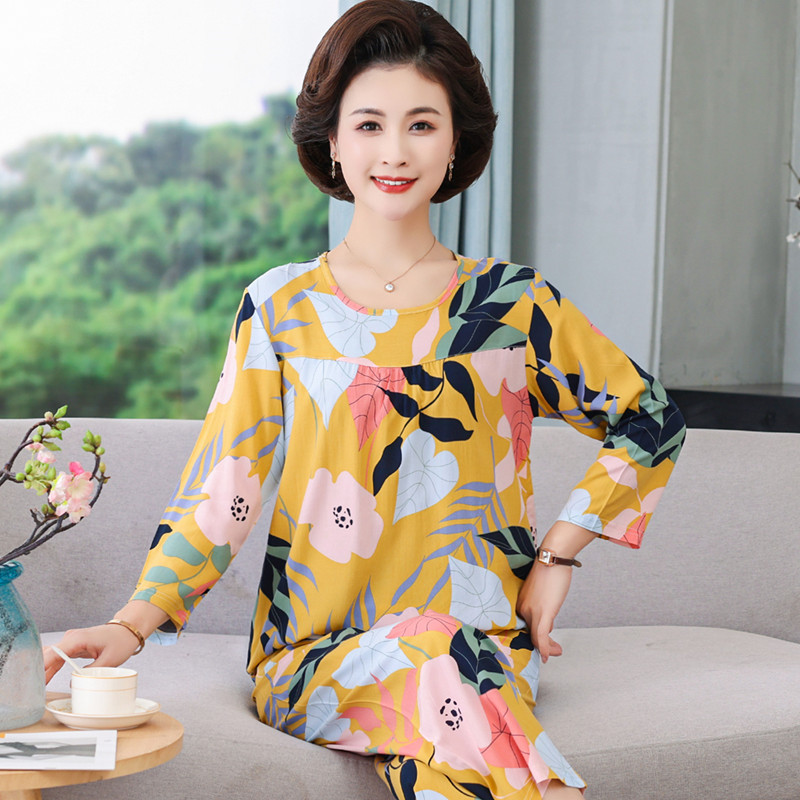 Mom Poplin Pajamas Women's Spring and Autumn Summer Long-Sleeve Two-Piece Set Middle-Aged and Elderly Artificial Cotton Large Size Printed Homewear Women