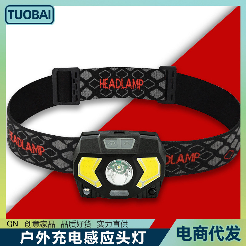戴式露营登山夜钓鱼工作感应头灯户外充电头灯防水超亮强光探照灯