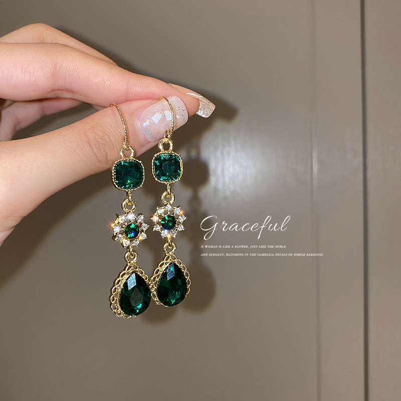 Long Water Drop Flower Diamond Set Emerald Hook Earrings