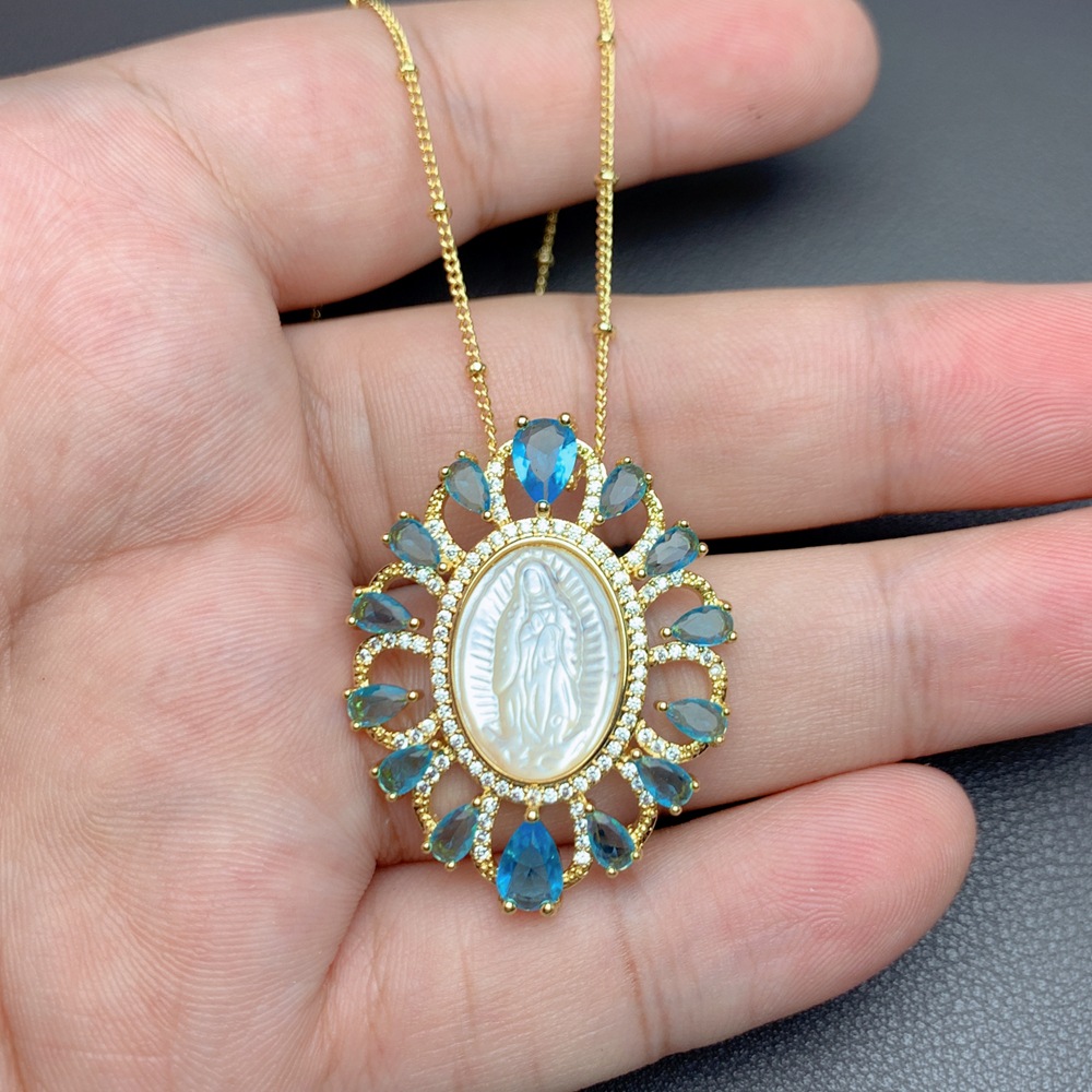 跨境欧美椭圆贝壳瓜达卢佩圣母项链女复古气质天然白贝母吊坠饰品