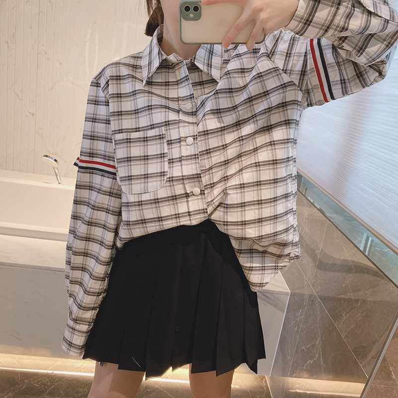 22 tb长袖双轴红白蓝三色织带条格子棉布衬衫ins春季男女同款衬衣