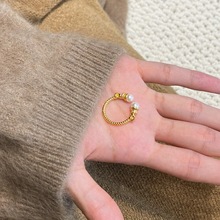 中古风麻花珍珠戒指高级设计感S925银镀18K金色施家珍珠开口指环