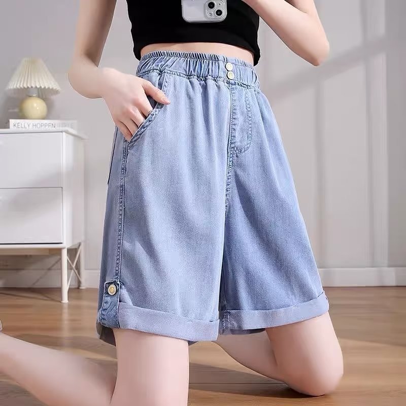大码女冰丝牛仔短裤夏季薄款胖mm梨型身材显瘦高腰天丝五分阔腿裤