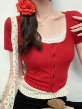 红色针织开衫女夏季搭配bm碎花蕾丝小吊带背心纯欲甜辣妹短款上衣