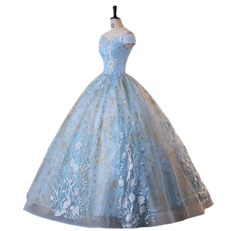 Foreign Trade Light Blue Adult Ceremony Princess Dress Lace Ball Pettiskirt Gown Shiny Sequined Ball Gown