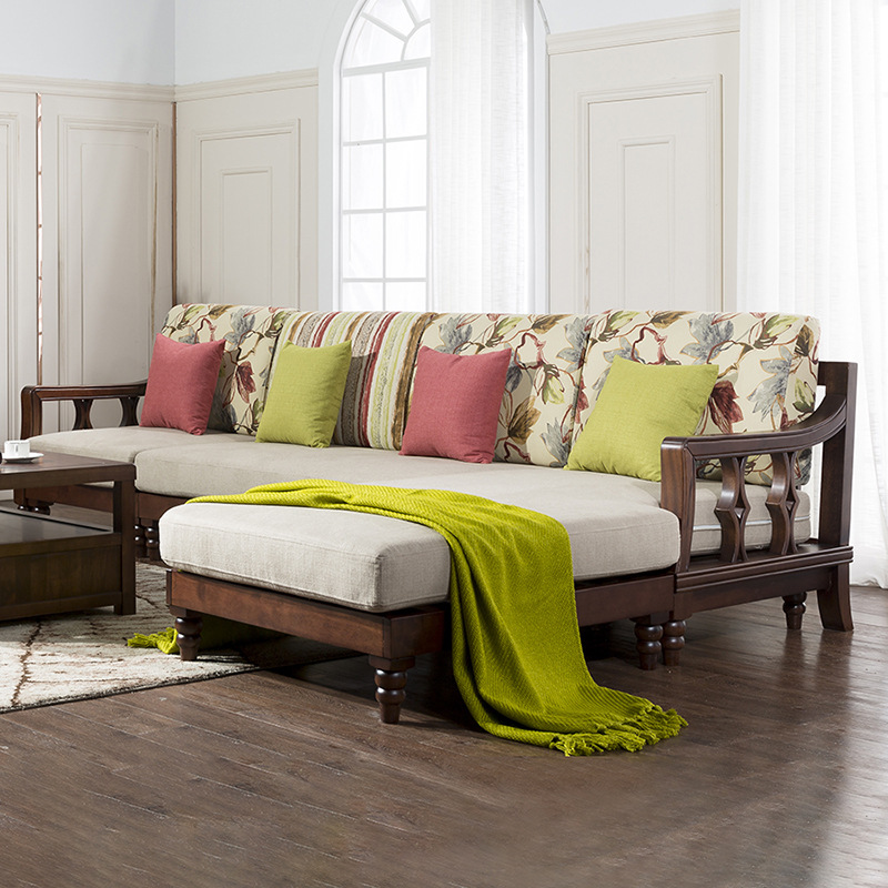 美式乡村转角沙发组合简美风格客厅复古l型贵妃全实木加布艺沙发