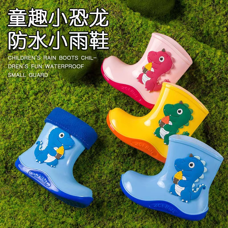 Children's Rain Boots New Little Dinosaur Baby Boy Rain Boots Warm Kindergarten Young and Little Girls Waterproof Rain Shoes Shoe Cover