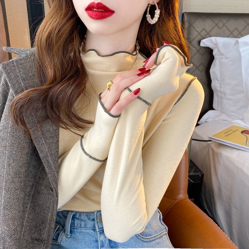 Double-Sided Wear Dralon Bottoming Shirt for Women 2023 Autumn and Winter Warm Half Turtleneck Wooden Ear Sweet Spicy Long Sleeve T-shirt Top for Women