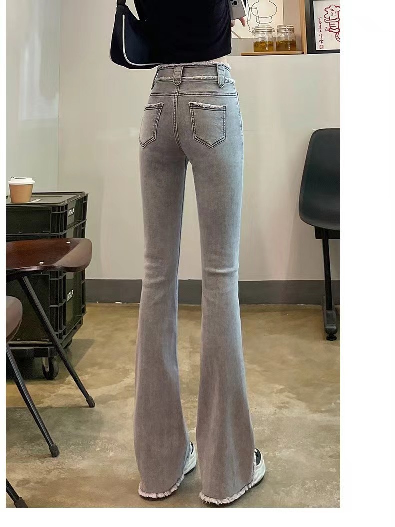 Smoky Gray Skinny Jeans for Women 2023 Summer New Slim Fit Slimming and Fashionable Washed Distressed Flared Pants Trendy