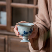 青花汝窑高脚杯陶瓷茶具小茶杯复古中式开片可养主人杯家用白酒杯