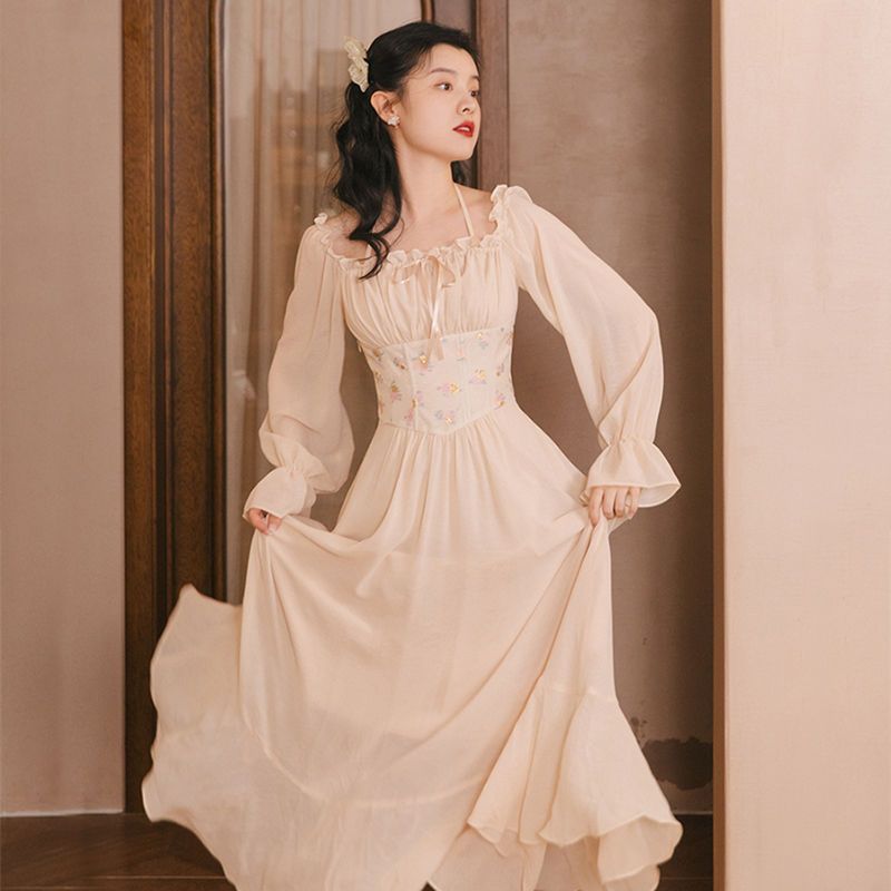春秋女装法式宫廷风复古拼接优雅纯欲连衣裙凡尔赛欧洲中世纪长裙