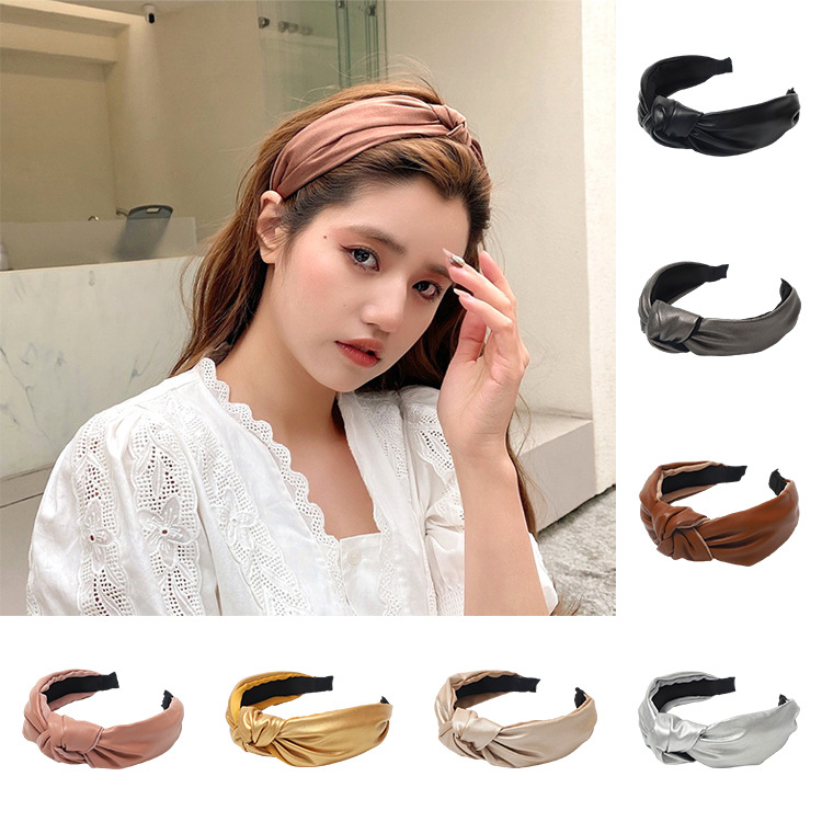 Korean Pu Leather Knot in the Middle Headband Solid Color Retro Stitching Simple Female Wide-Edged Headband Hairpin Hair Ornaments Manufacturer