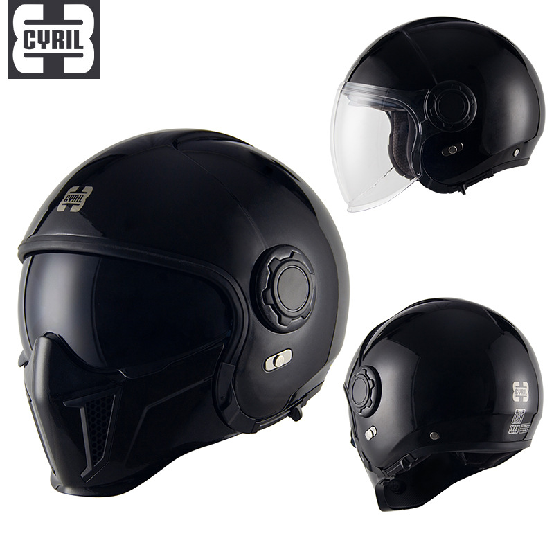 cyril复古头盔秋冬黑武士哈雷半盔组合盔摩托车全盔男机车3c认证