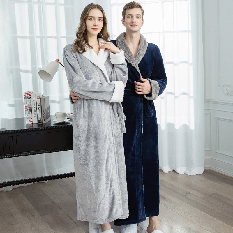 Autumn and Winter Flannel Nightgown Fleece-lined Thickened Couple Men's Long Pajamas Women's Cute Loungewear Wholesale