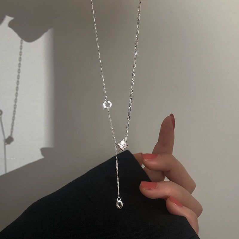 S925 Sterling Silver Small Waist Cylindrical Necklace Female Niche Stitching Temperament Entry Lux Clavicle Chain High-Grade Tassel Necklace