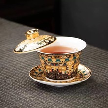 唐卡鎏金悬停茶盖碗中式珐琅彩瓷盖碗复古描金鎏银宫廷风陶瓷茶碗