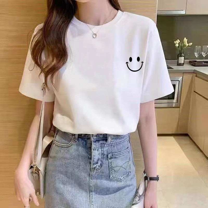 2024 Summer New Pure Cotton Loose Short Sleeve T-shirt Women's Korean-Style Women's round Neck Printed Bottoming Shirt Stall Wholesale