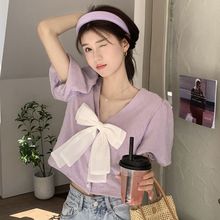 设计感小众蝴蝶结v领泡泡短袖衬衫女夏法式别致短款紫色上衣