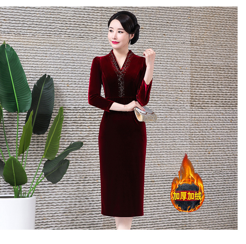 深圳品牌加绒婚庆连衣裙2021冬季宴会礼服女加厚喜婆婆妈妈装批发