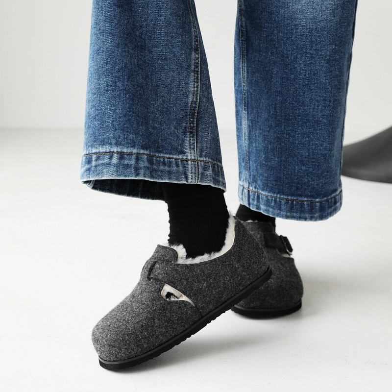 灰色内增高毛毡勃肯鞋女2025秋冬新款加绒一脚蹬厚底棉鞋圆头单鞋