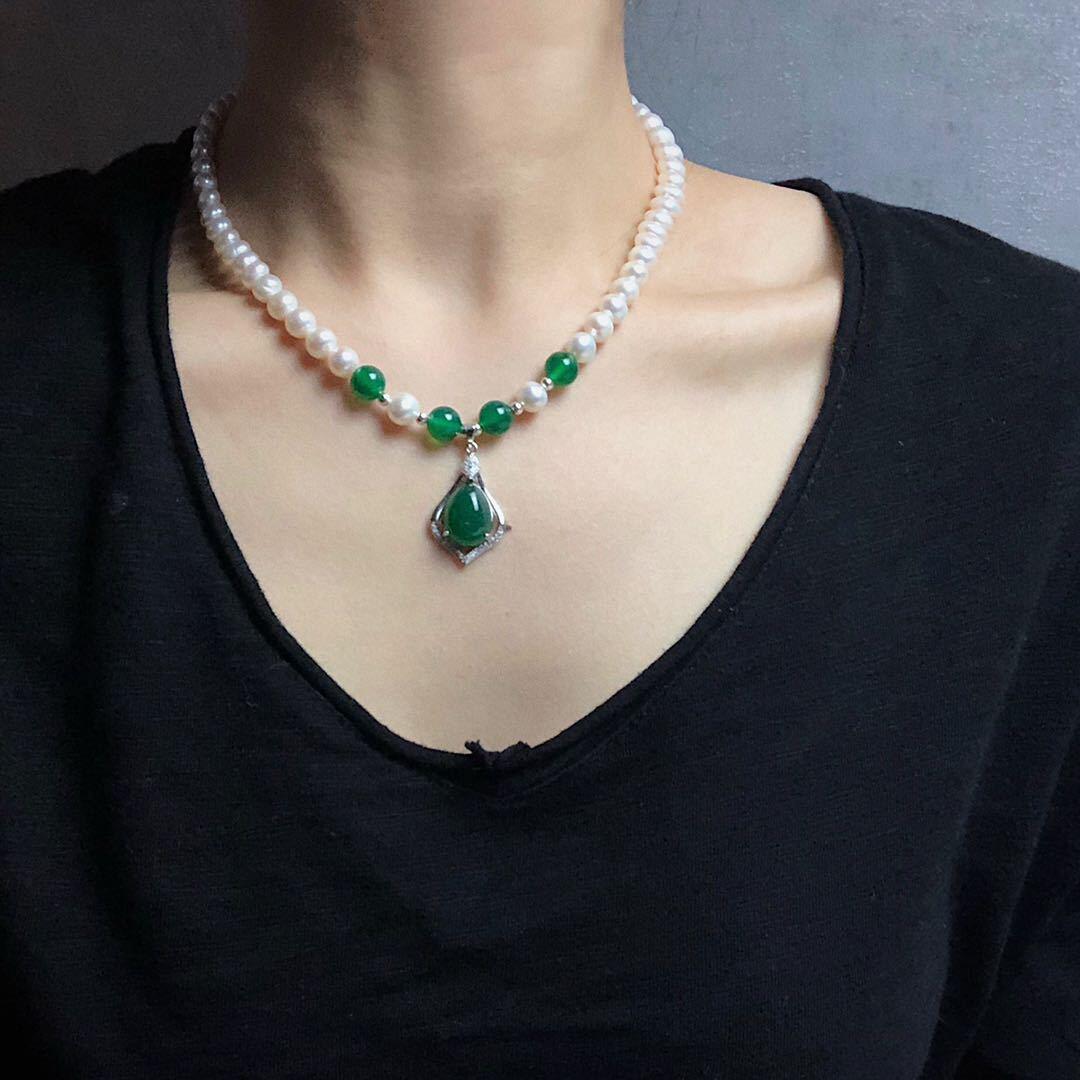 母亲节礼物天然淡水珍珠项链女s925银玉髓翡翠饰品配专业检测证书