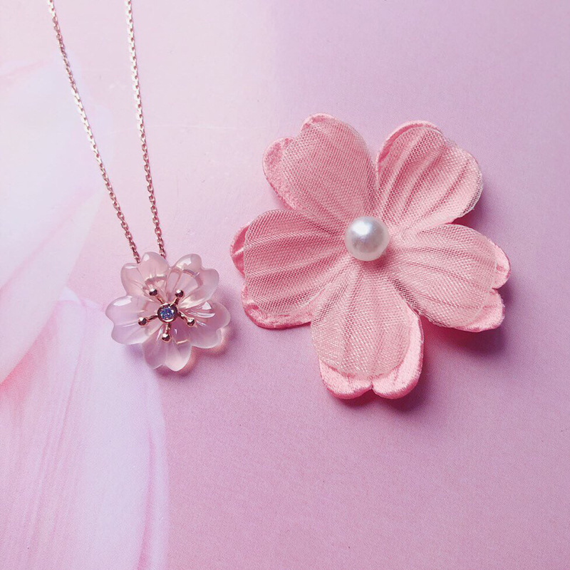 日本 粉色樱—花粉晶玉髓手链手绳项链吊坠桃花银镀玫瑰金礼物女