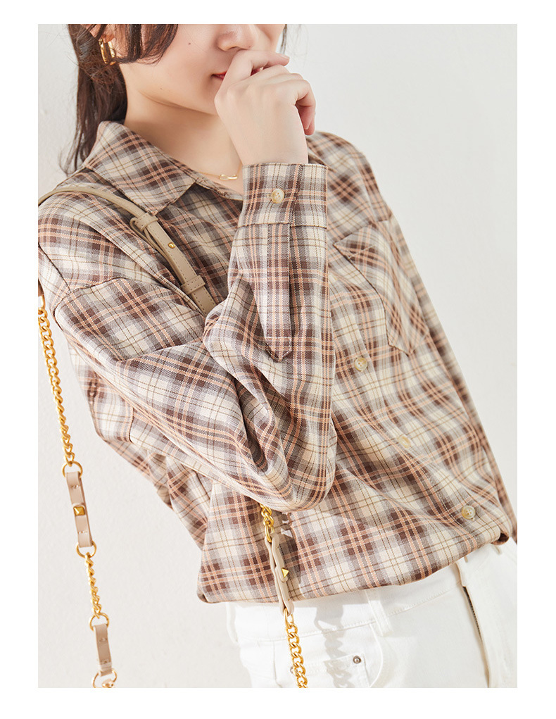 娅丽达女装方领长袖格子衬衫女2021年秋季新款大口袋休闲衬衣上衣