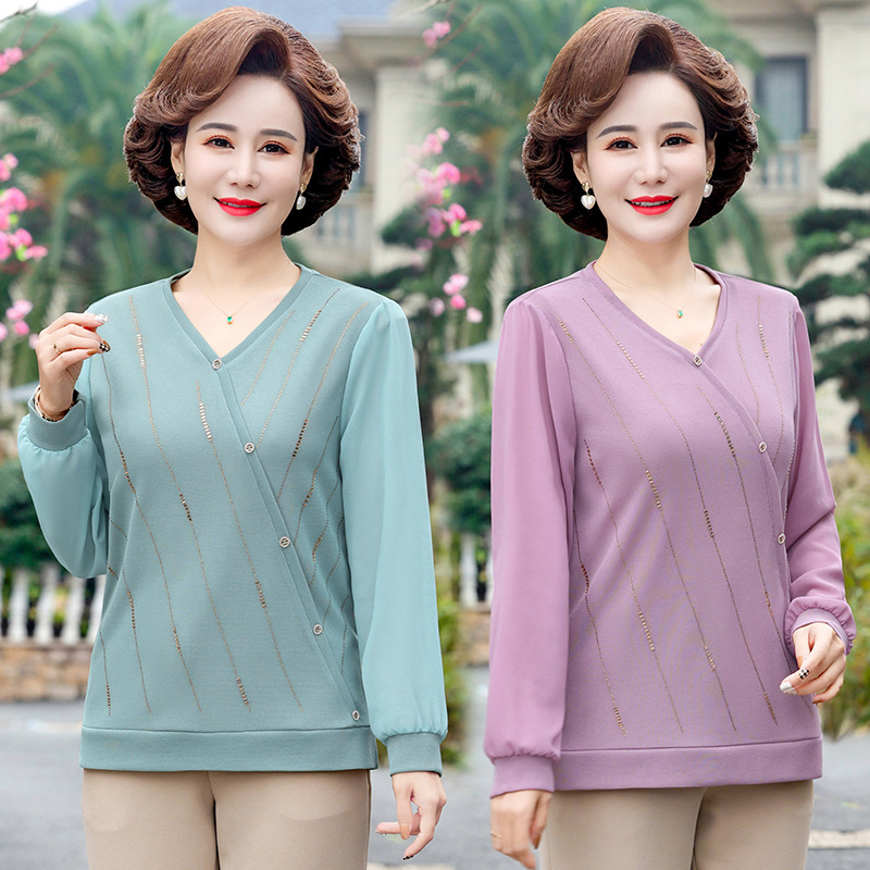 妈妈春装上衣打底小衫洋气中年女长袖针织衫50岁中老年春秋薄毛衣