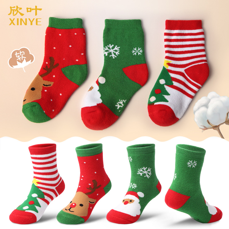 Autumn and Winter Thickened Middle Fleece-Lined Terry Sock Christmas Stockings Gift Socks Cotton Men and Women Children's Socks Factory Wholesale