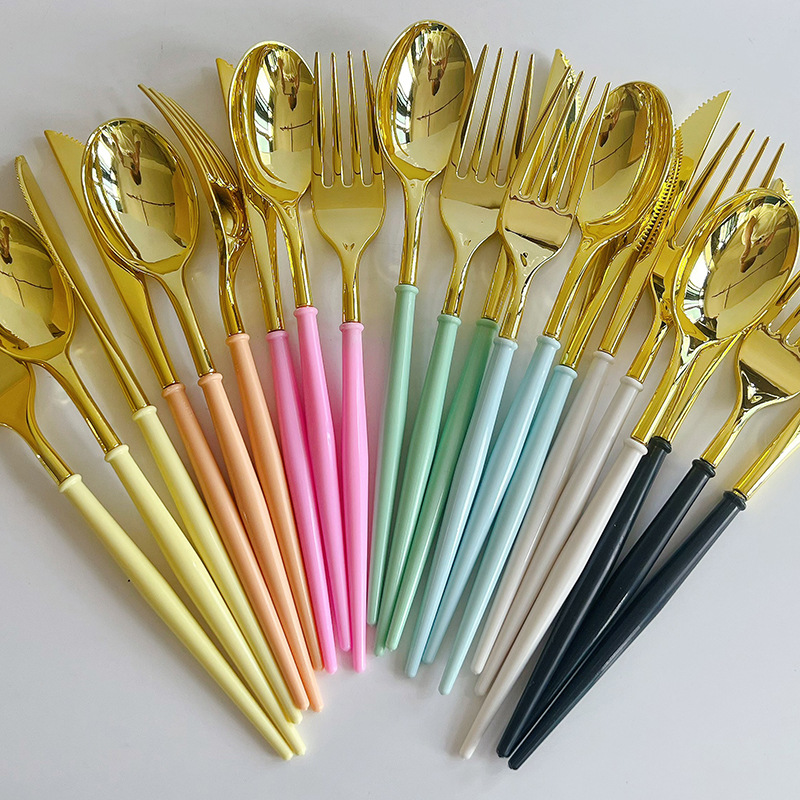 Disposable Color Band Handle Plastic Gold-Plated Knife， Fork and Spoon Children‘s Birthday Party Dress up Tableware Fork Spoon