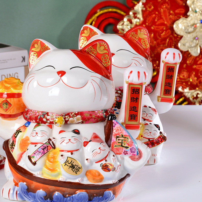 金扇开运工艺招财猫 电池摇手招财猫 办公桌前台开业礼品定制批发