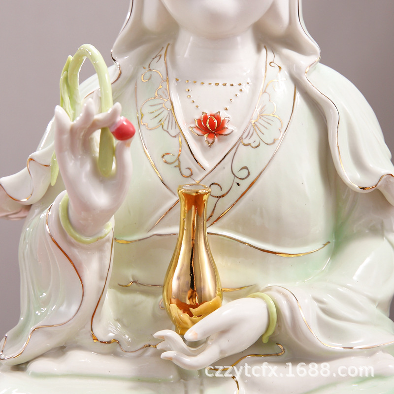 潮州珍艺陶瓷佛像厂南海观世音菩萨玉瓷龙泉粉莲花观音菩萨像摆件