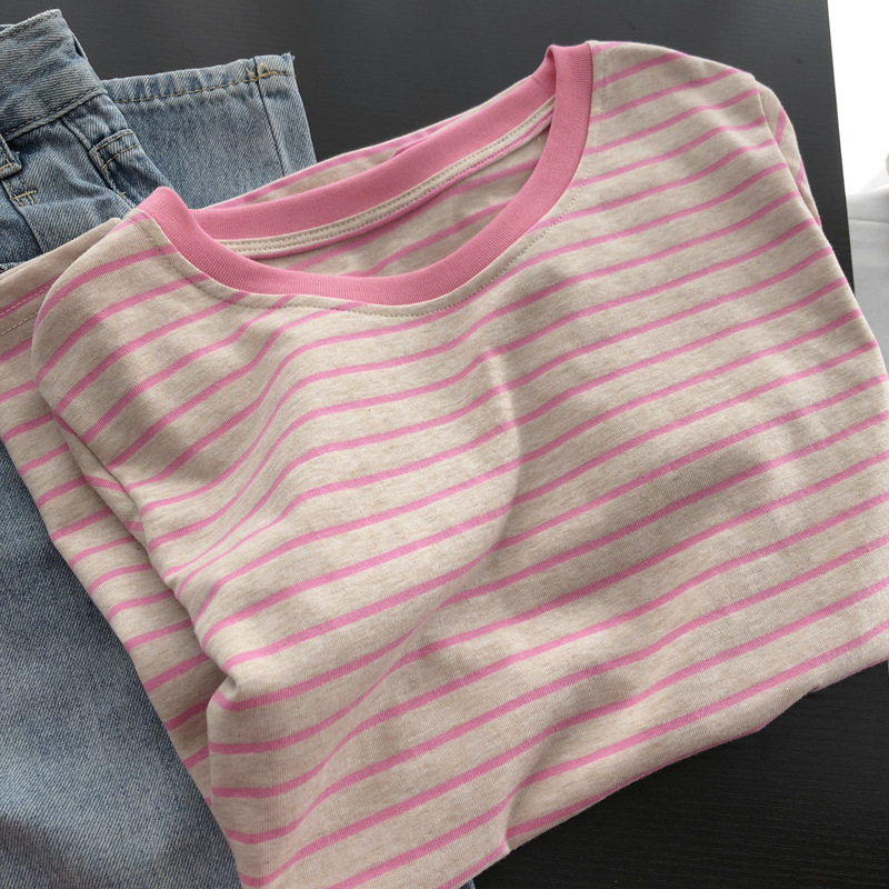 韩系甜妹/小众粉条纹撞色圆领百搭休闲t恤短袖夏季减